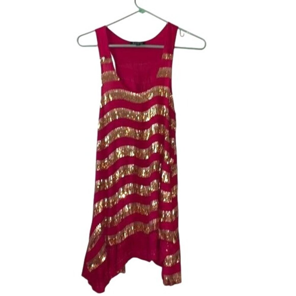 Bebe Pink & Gold Sequin Striped Racerback Tunic Tank